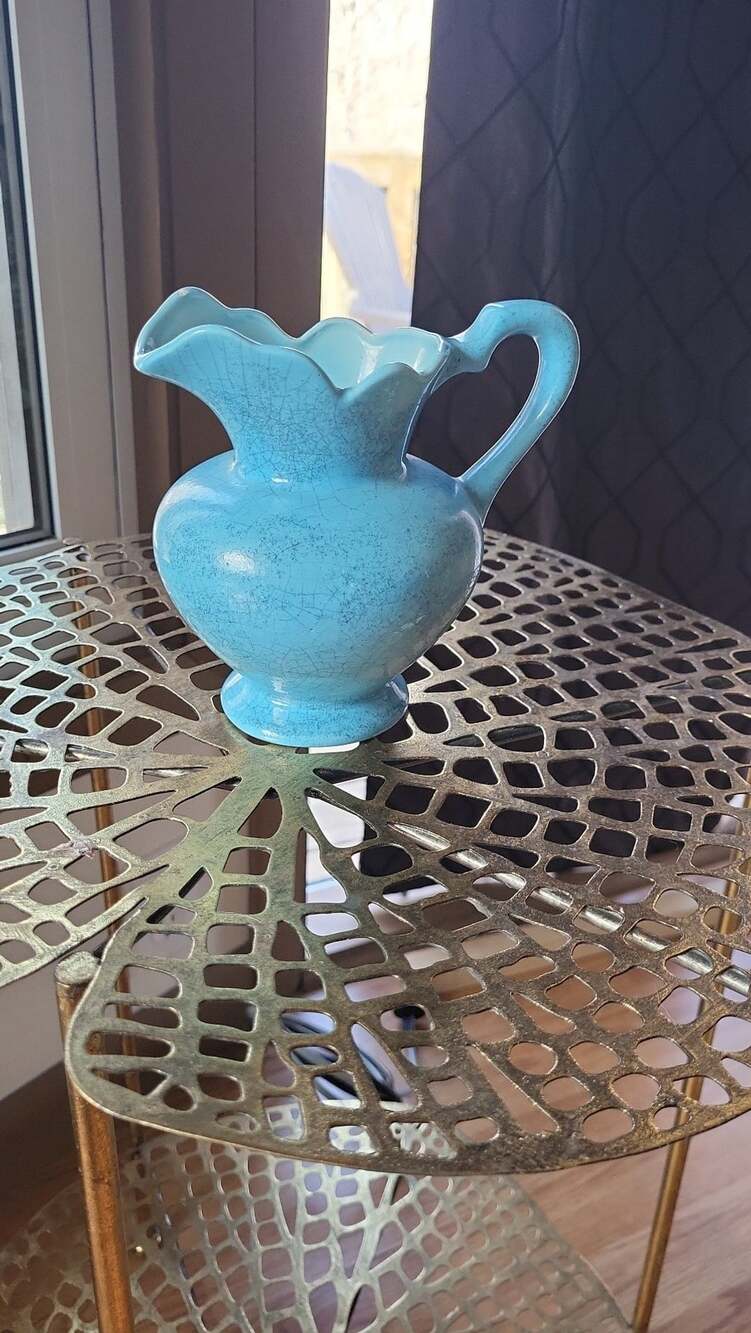 Vintage Turquoise Blue Crackle Glaze Ceramic Pitcher with Scalloped Rim